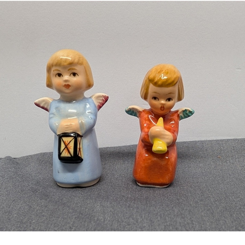 Goebel Angel Figurines Set W. Germany Vintage Blue Red Ceramic Christmas Decor